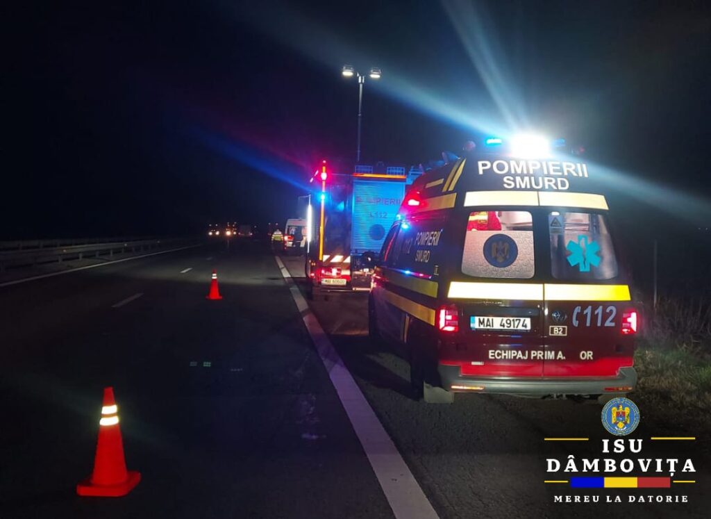 Accident pe Autostrada A1, la kilometrul 67, sensul Pitești-București, au intervenit pompierii dâmbovițeni ,  în această dimineață, jurul orei 05:19.